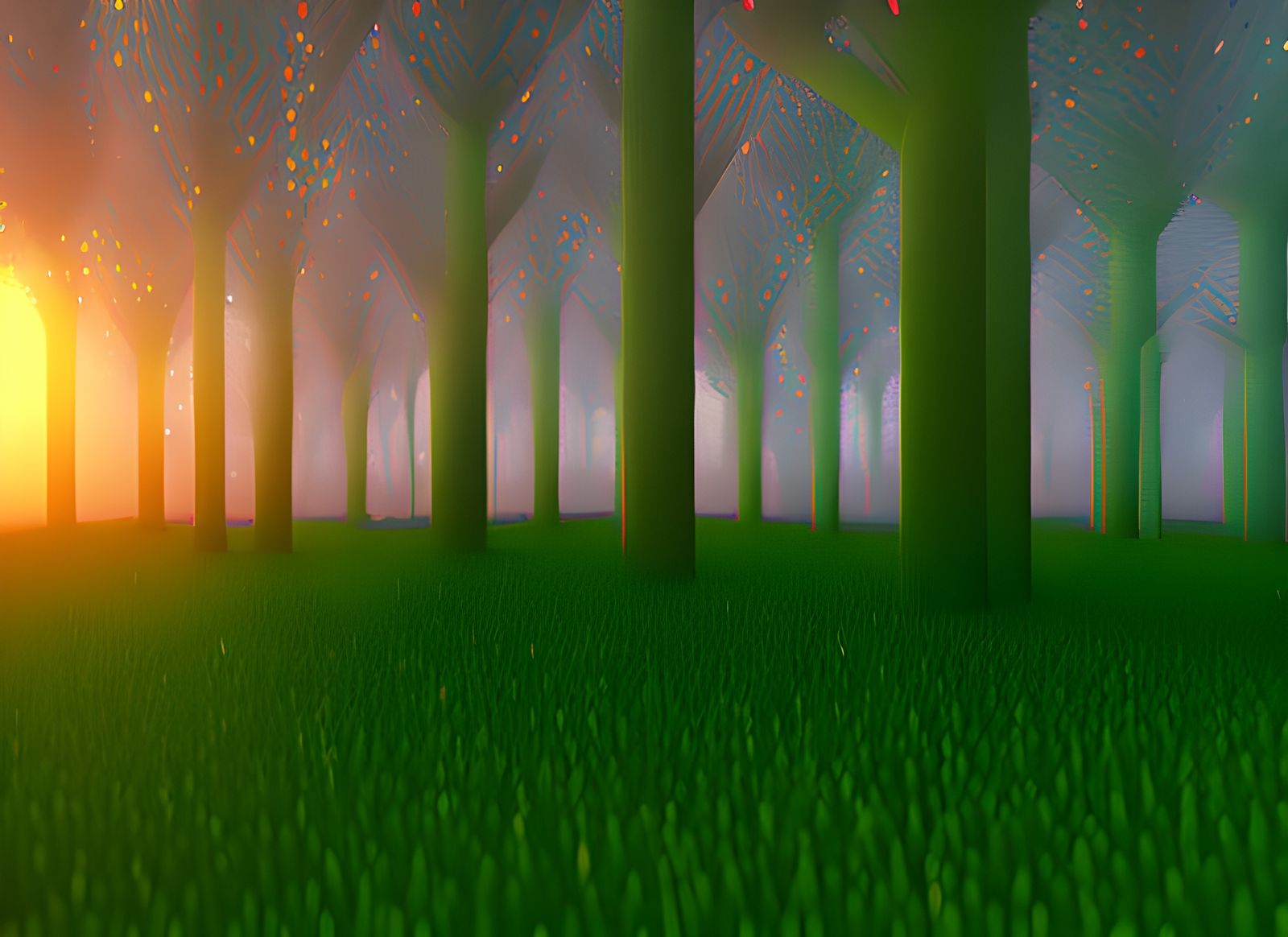 Low-Poly CGI Forest at Dawn Rendering