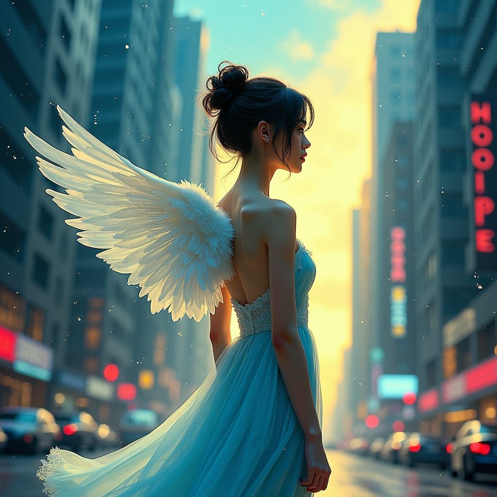 Woman with Angel Wings in Cityscape