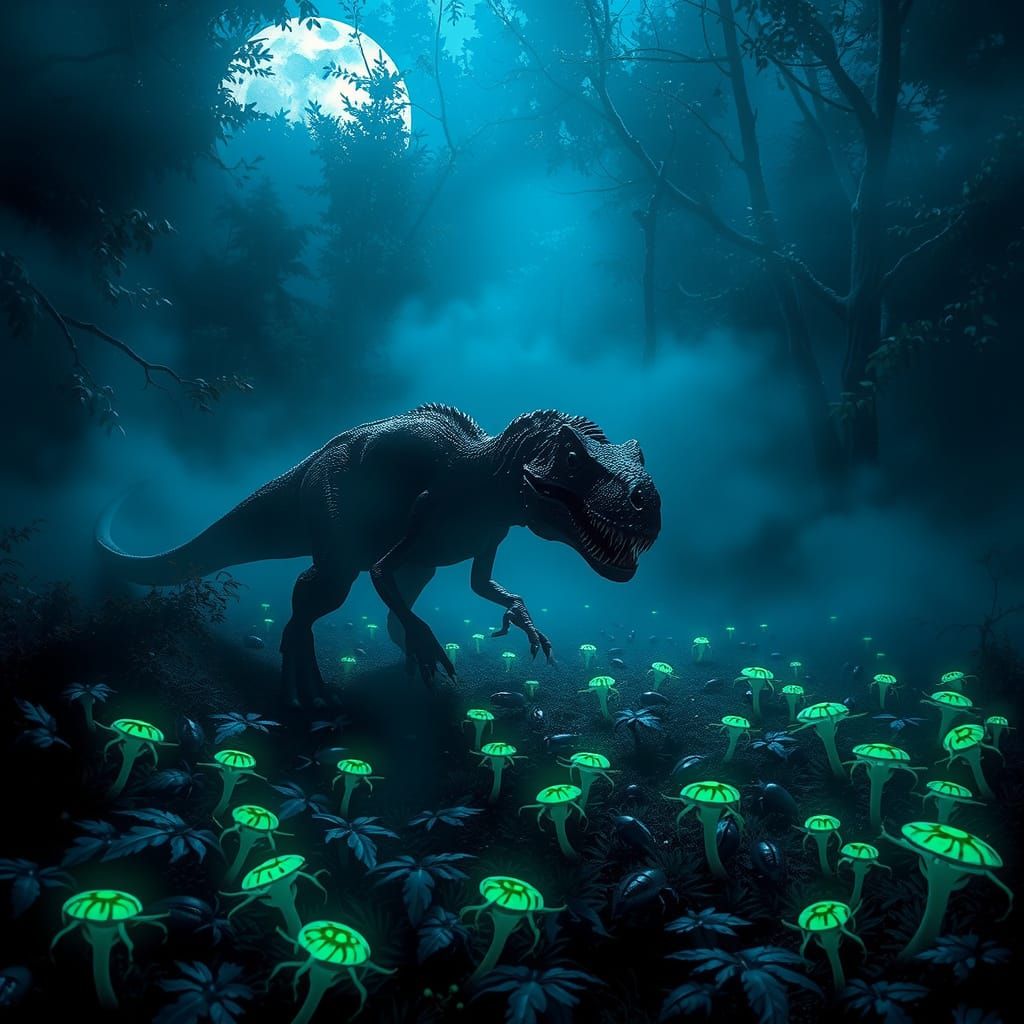 Jurassic Raptor Hunting Beetles in Bioluminescent Forest