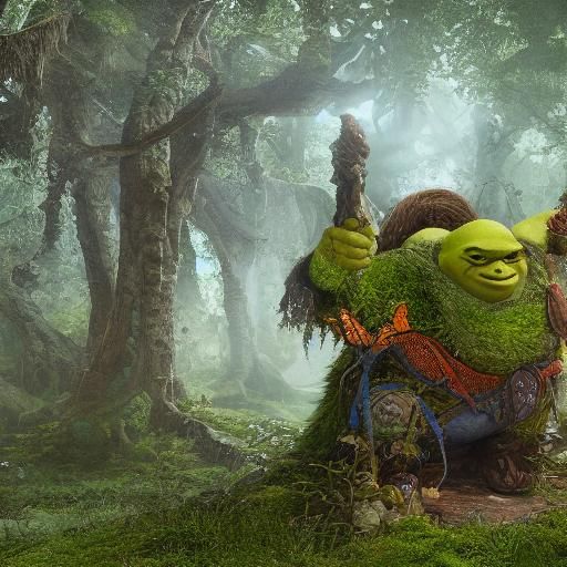 Shrek on a Throne in Swampy Twilight