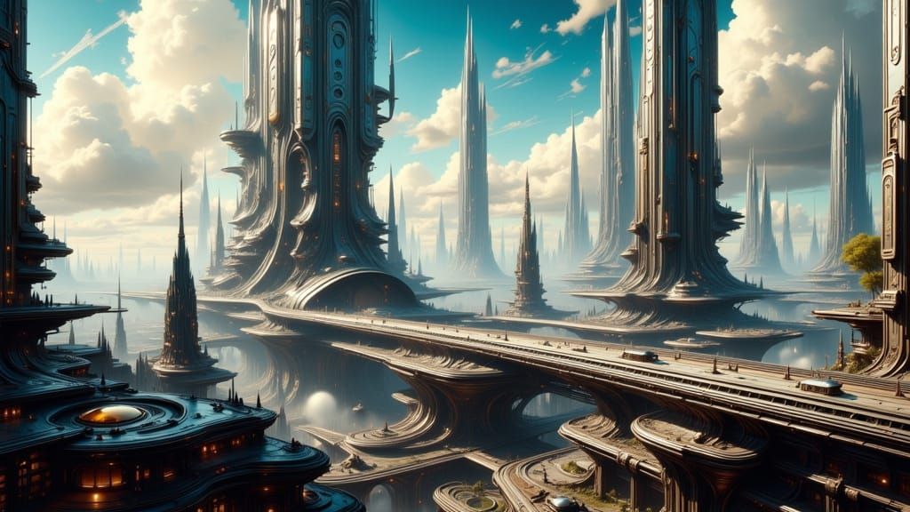 Futuristic Earth Megacity with Alien Transportation
