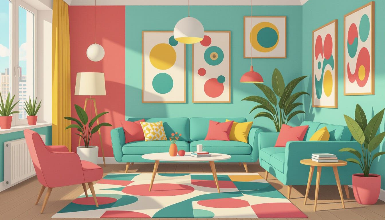 Vibrant Geometric Living Room in Memphis Style
