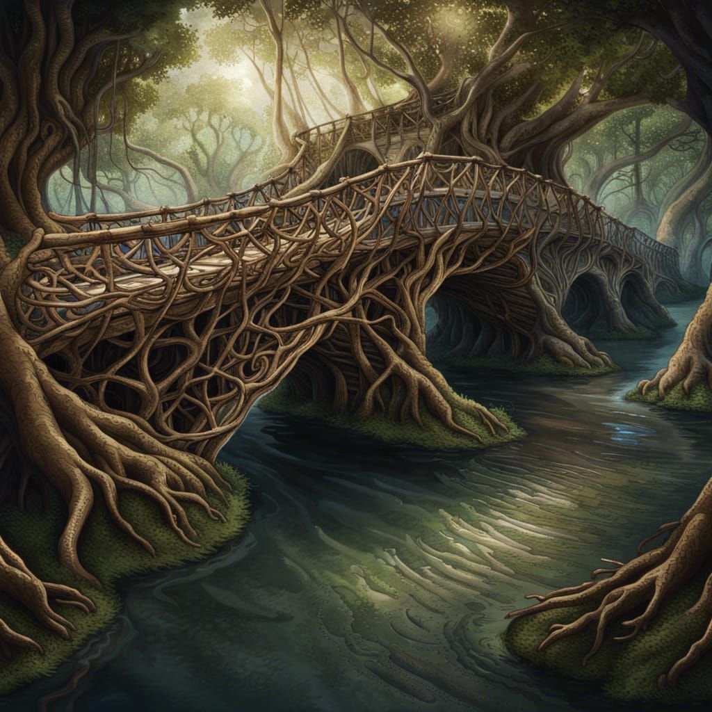 Magnificent Living Root Bridge in Biopunk Horror Style