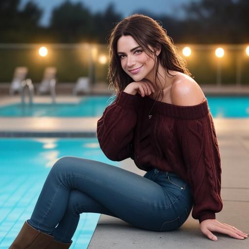 Brunette by Moonlit Pool: Photorealistic Candid Portrait