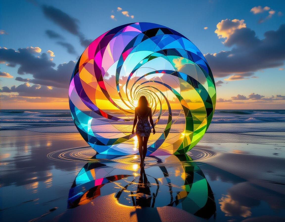 glowing curly polychrome glass reflection refraction whirlingtons on the beach at night salt-spray magnitude sky-high ov...