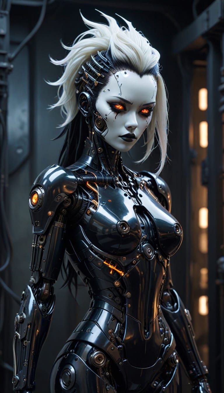 Gothic Gynoid Cyborg in Cyberpunk Cityscape Oil Painting