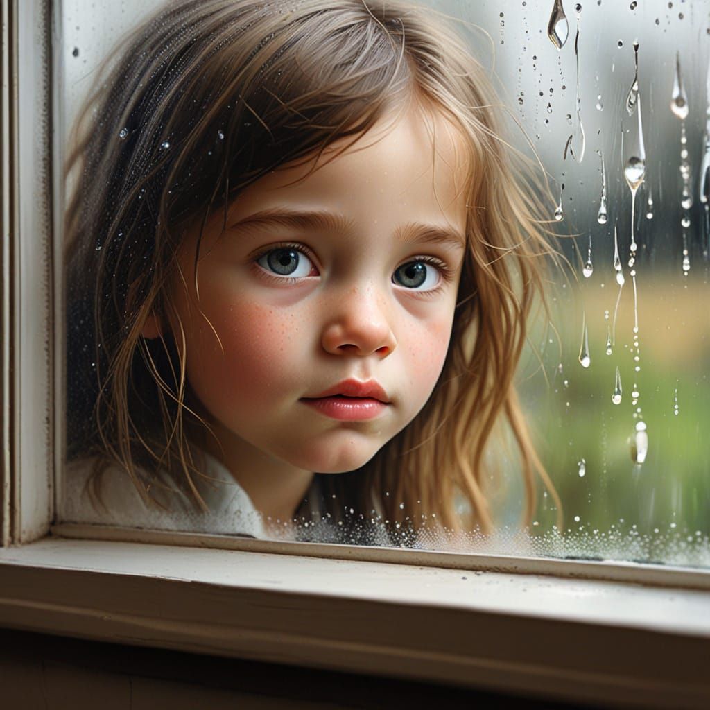 Child's Hopeful Face in Rainy Window Scene
