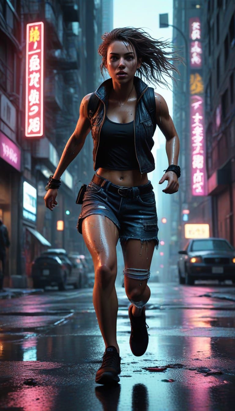 Trashpunk Runner in Neon Cityscape: Comic Book Art