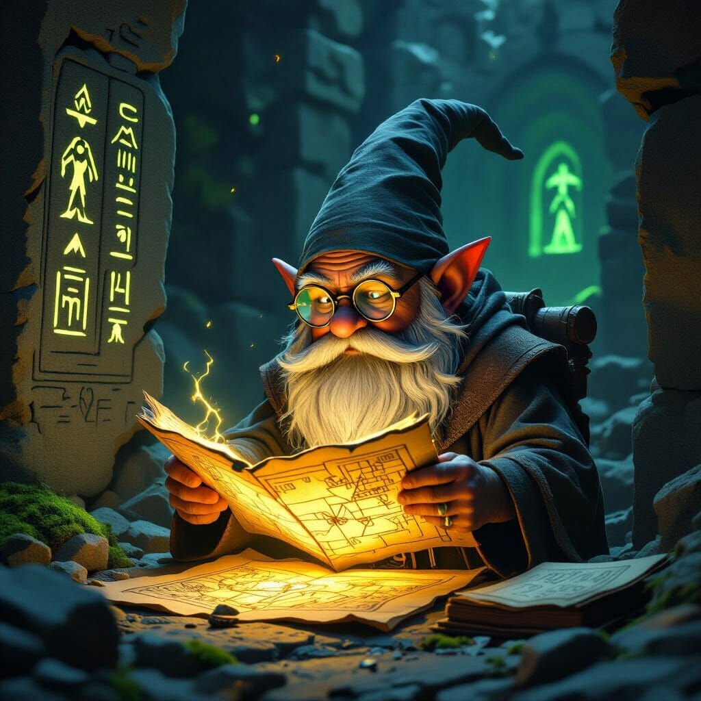 Gnome Scholar Studies Arcane Map in Ruined Chamber