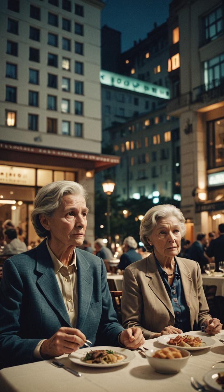 Cinematic Film Still of Elderly Couple Dining