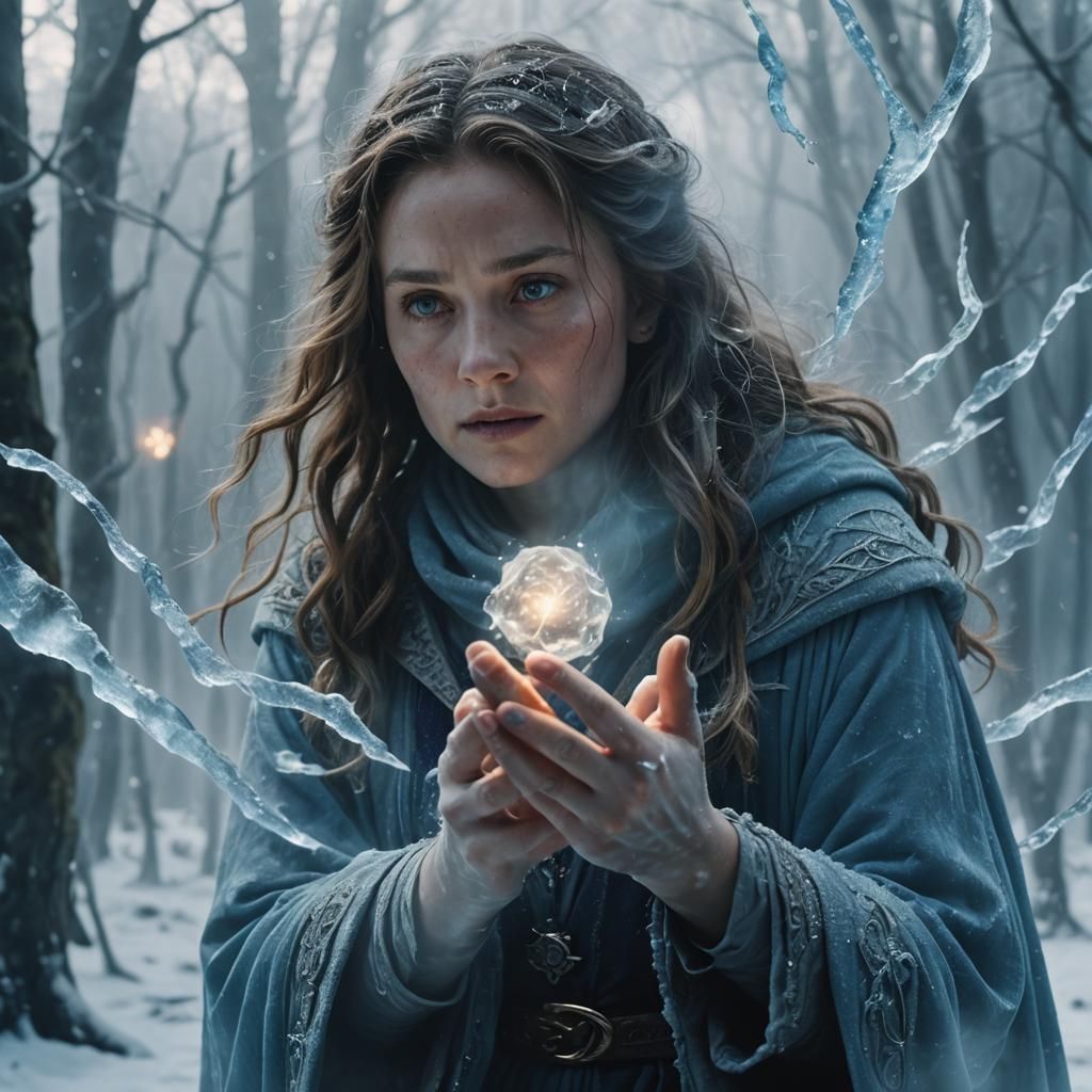 Female Wizard Conjuring Ice Magic: Cinematic Film Still