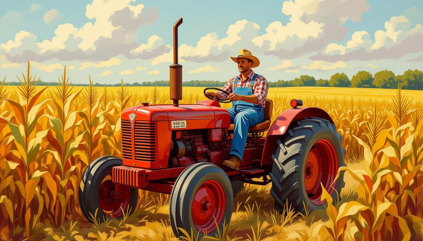 Vintage Tractor in Cornfield: Impasto Gouache