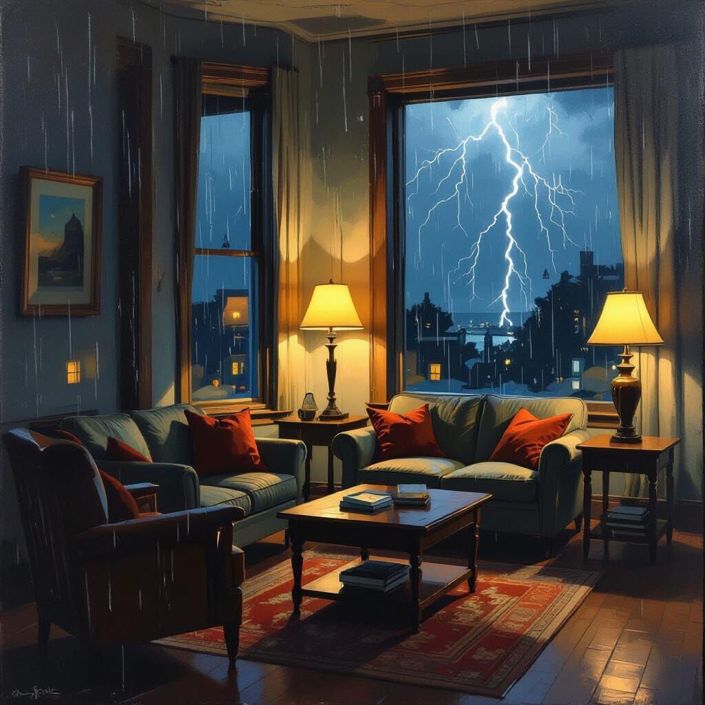 Cozy Living Room During Storm, Nostalgic Realism