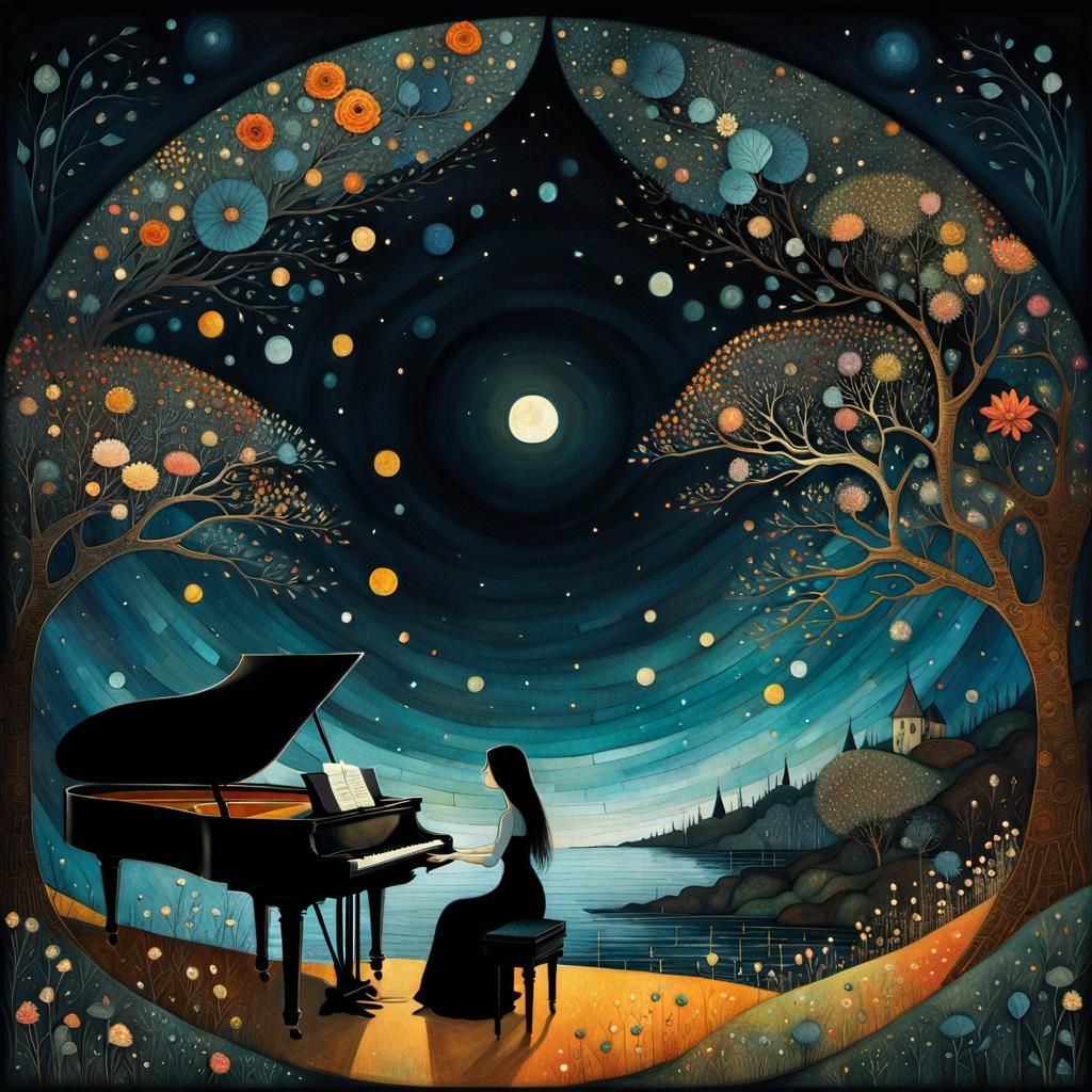 Girl at Piano: Whimsical Folk Art Nocturne