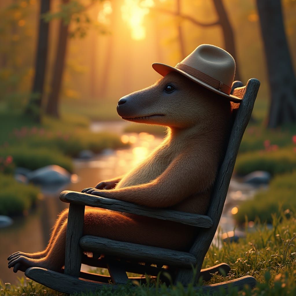 Platypus in Fedora Hat Enjoying Dusk, Art Nouveau Style