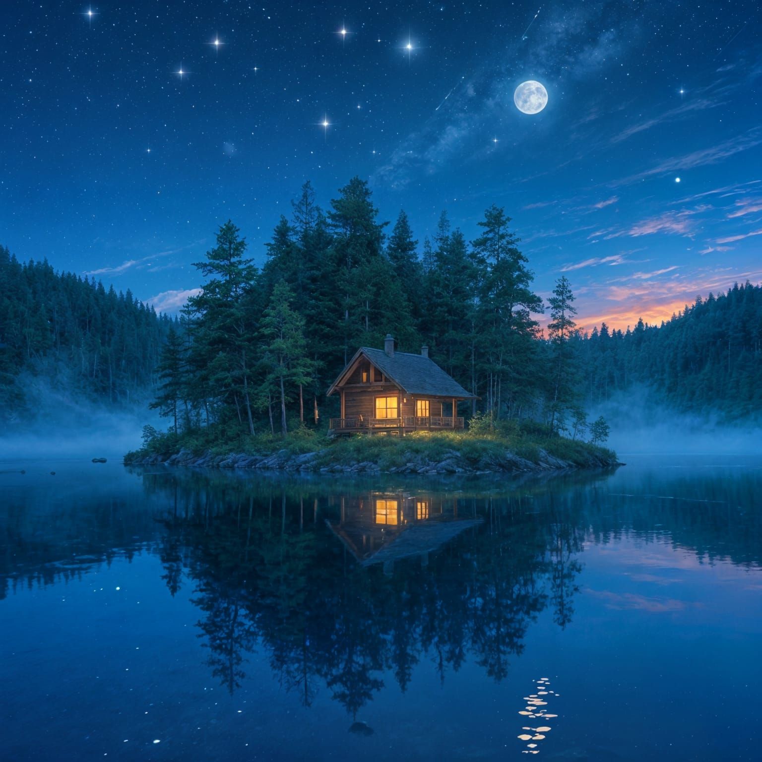 Serene Night Lake with Cozy Cabin and Starry Sky
