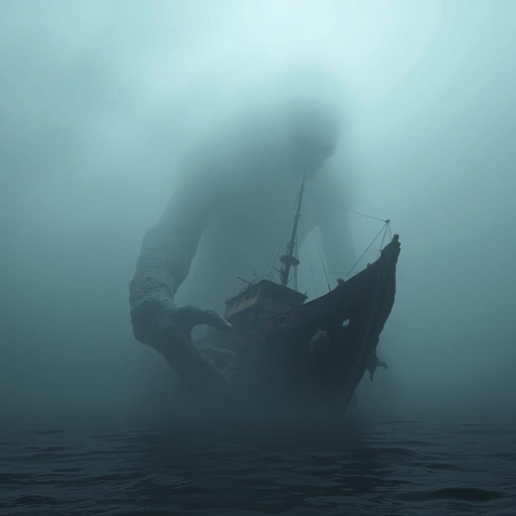 Ghostly Sea Giant Rises From Mist, Detailed Matte Painting