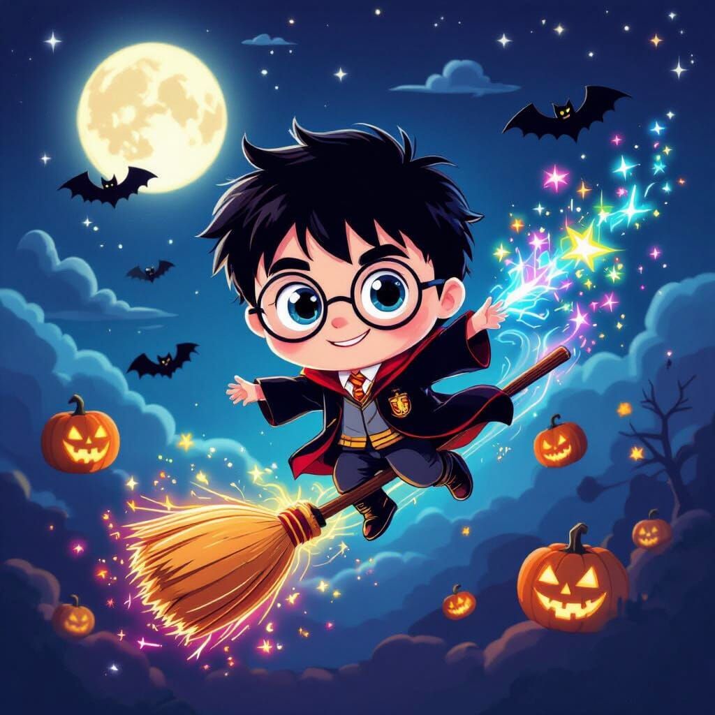 Chibi Wizard Baby Flies Broomstick in Magical Halloween Nigh...
