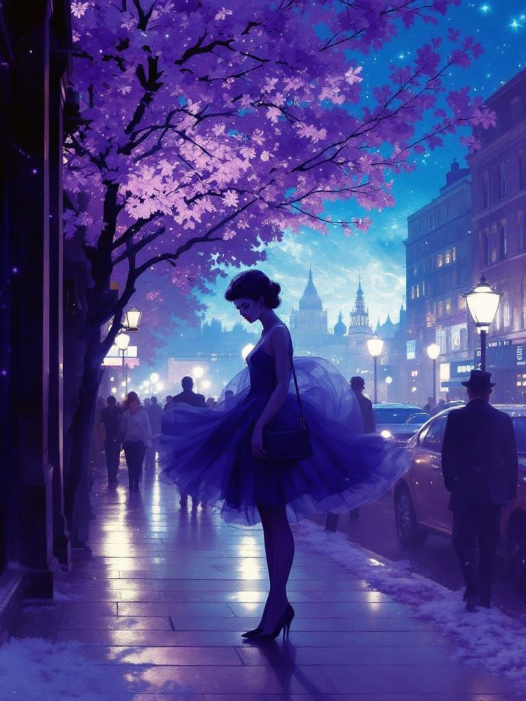 Pin-Up Woman's Mystical City Stroll in Jewel Tones