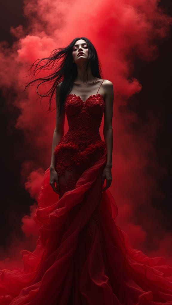 Ethereal Woman Emerging from Crimson Smoke in Intricately De...