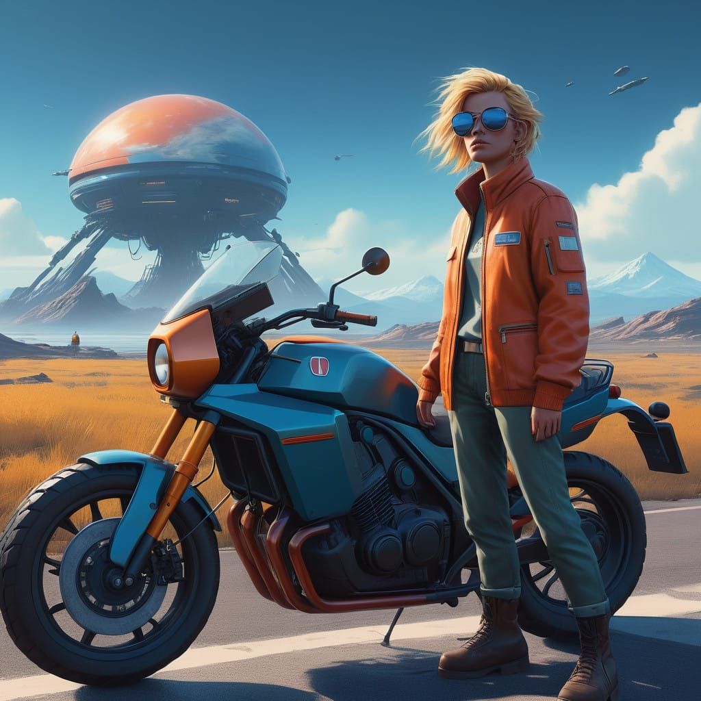 Confident Woman Stands Beside Customized Honda in Futuristic...