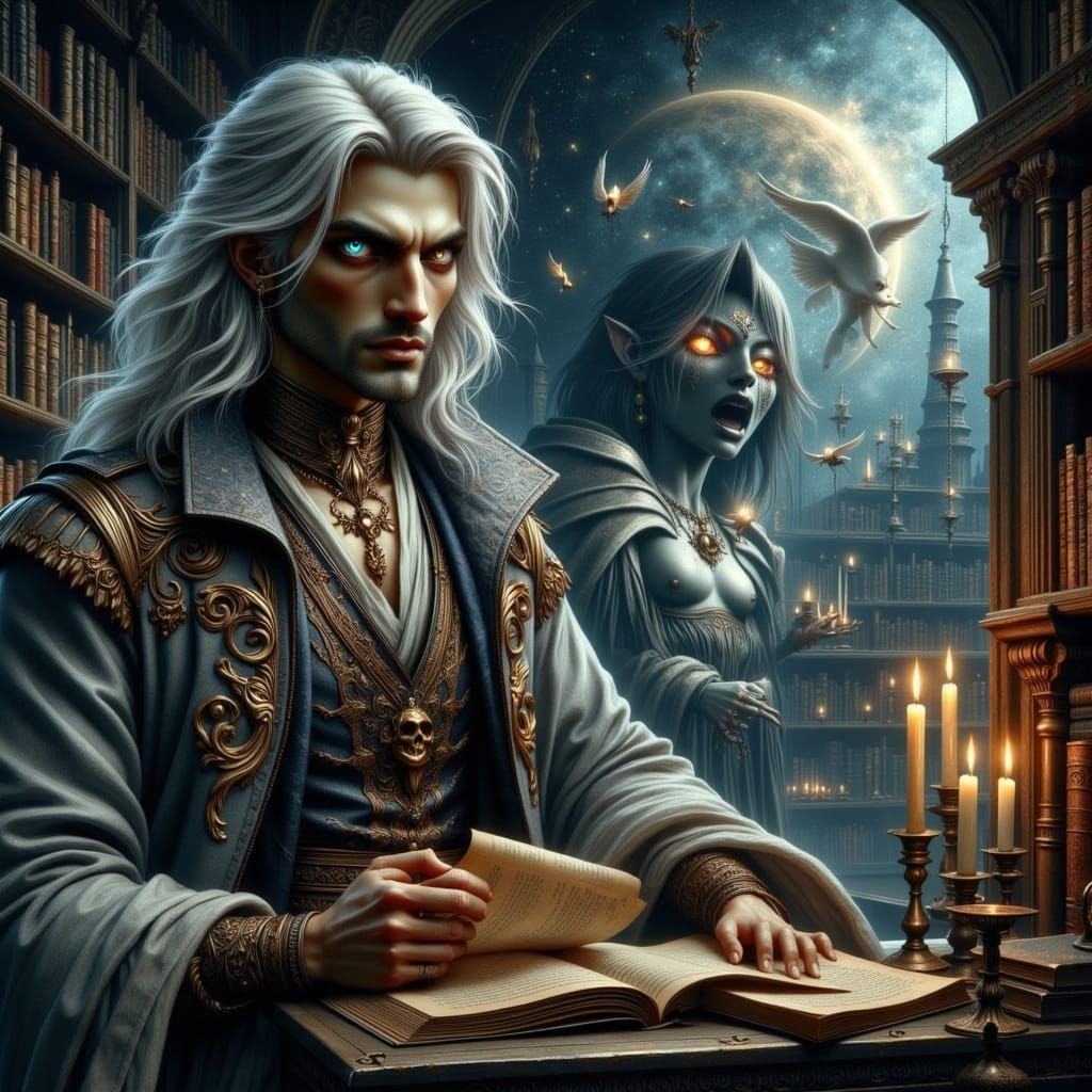 Celestial Library with Scholar in Art Nouveau Style