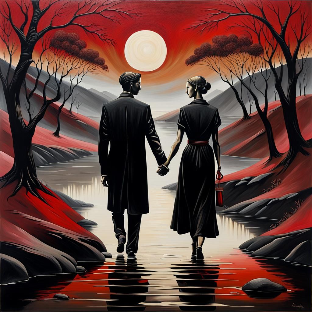 Lovers by River: Minimalist Painting in Bronze