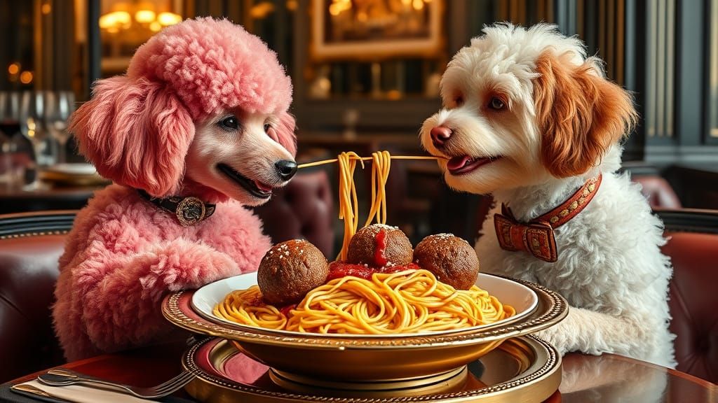Poodles Share Spaghetti: A Romantic Photo in Fine Dining