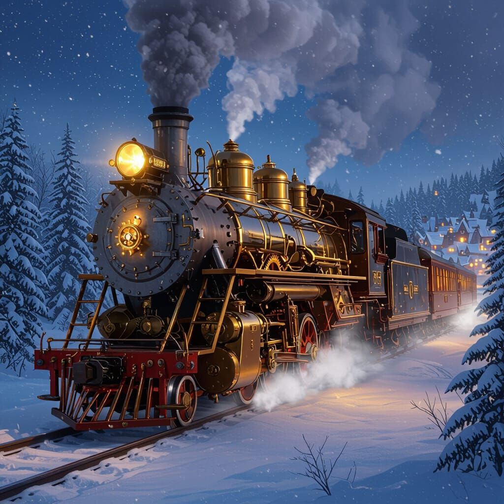 Steampunk North Pole Express Train in Winter Wonderland