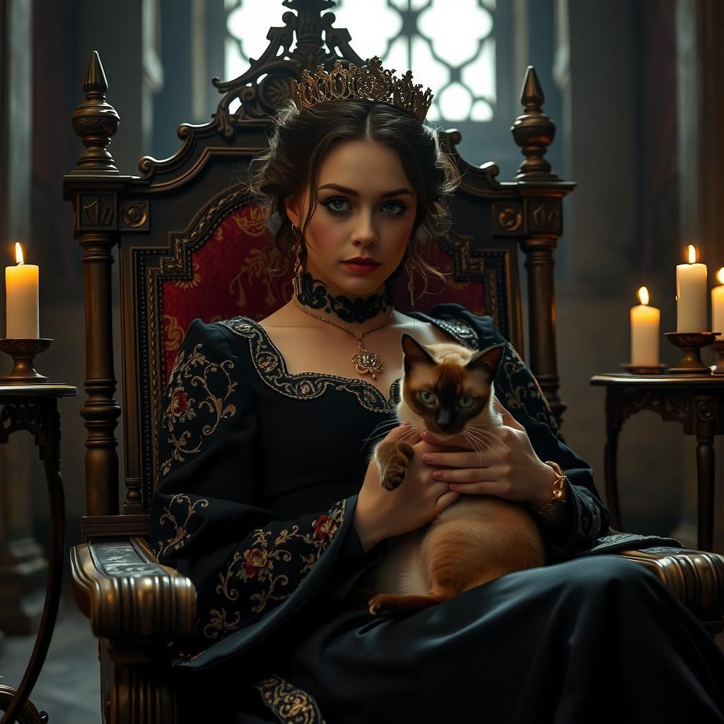Medieval Woman with Siamese Cat in Ornate Setting