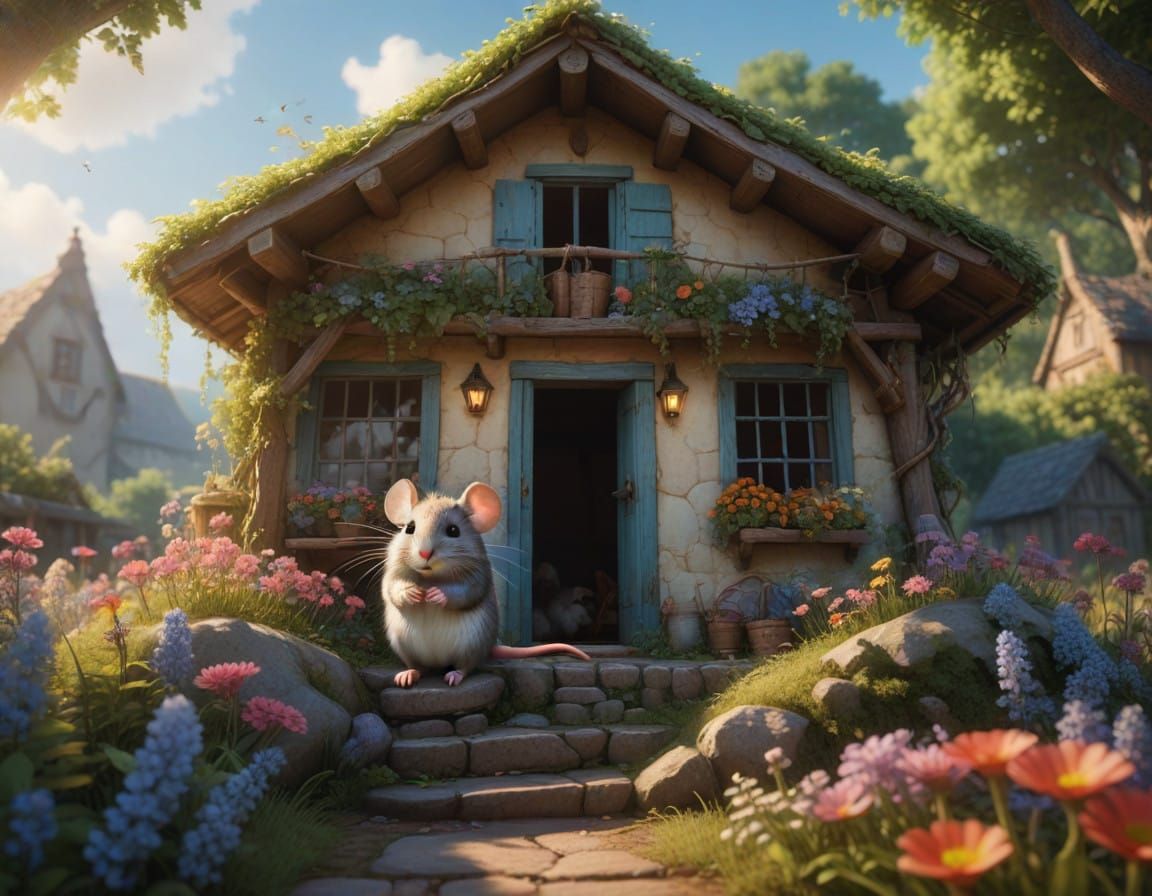 Whimsical Mouse Sweeps a Rustic Twig House