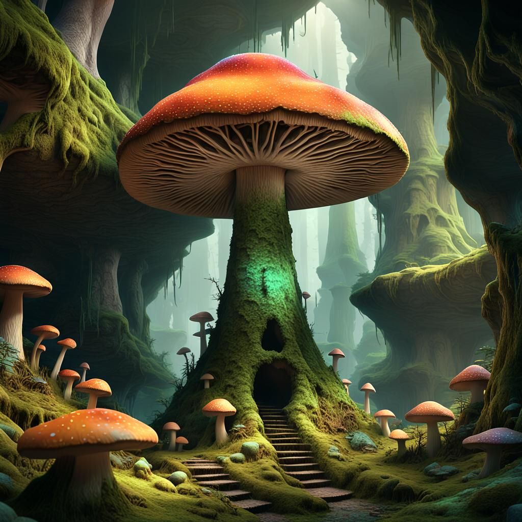 Giant Mushroom Obelisk in Mossy Cave: 3D Digital Art