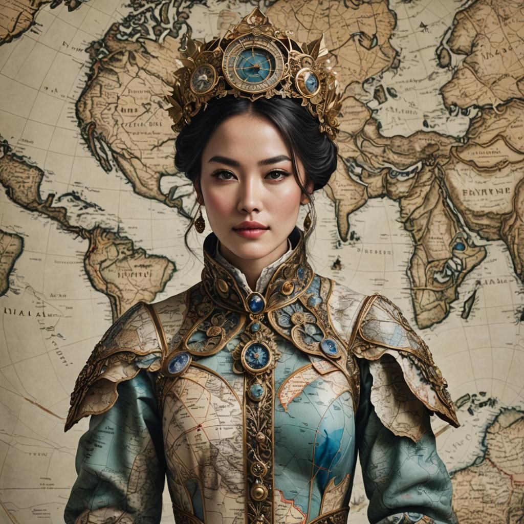 Woman Adorned in Map Clothing: A Portrait