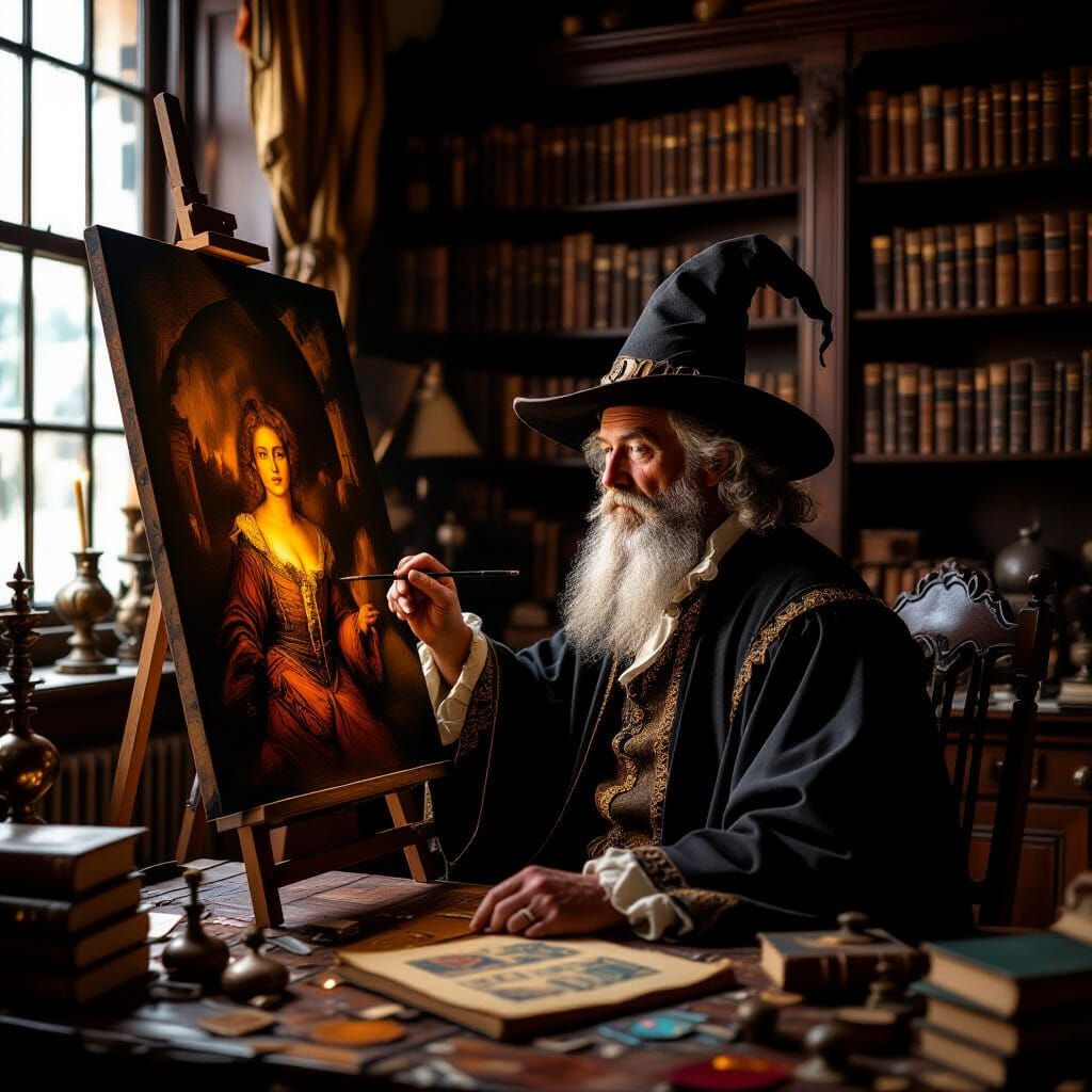 Wizard Paints Magic in Candlelit Studio