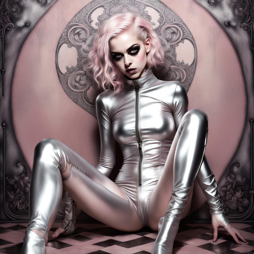 Gothic Kawaii Figure in Silver Leather, Cinematic Style