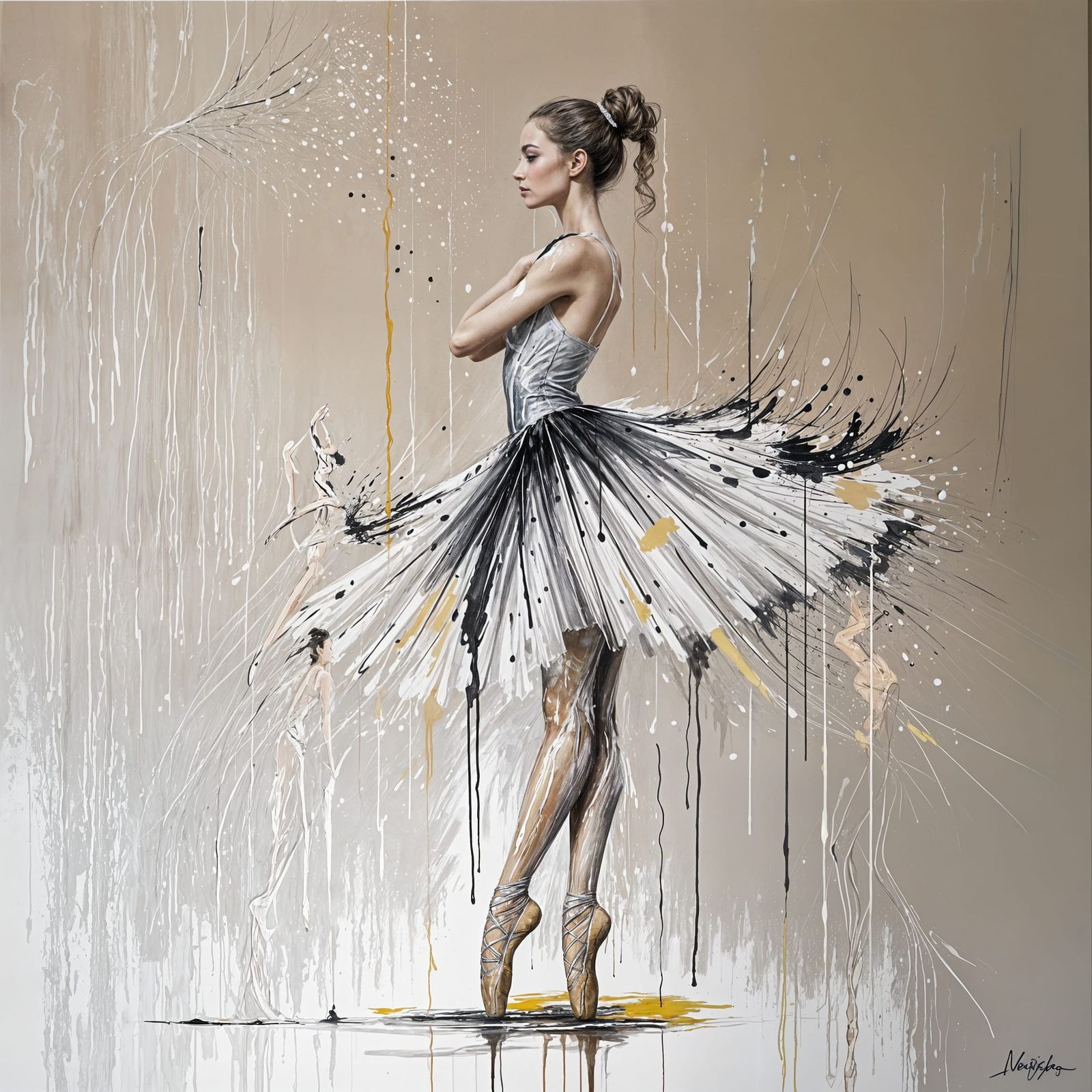Elegant Ballerina in Abstract Dripping Paint Style