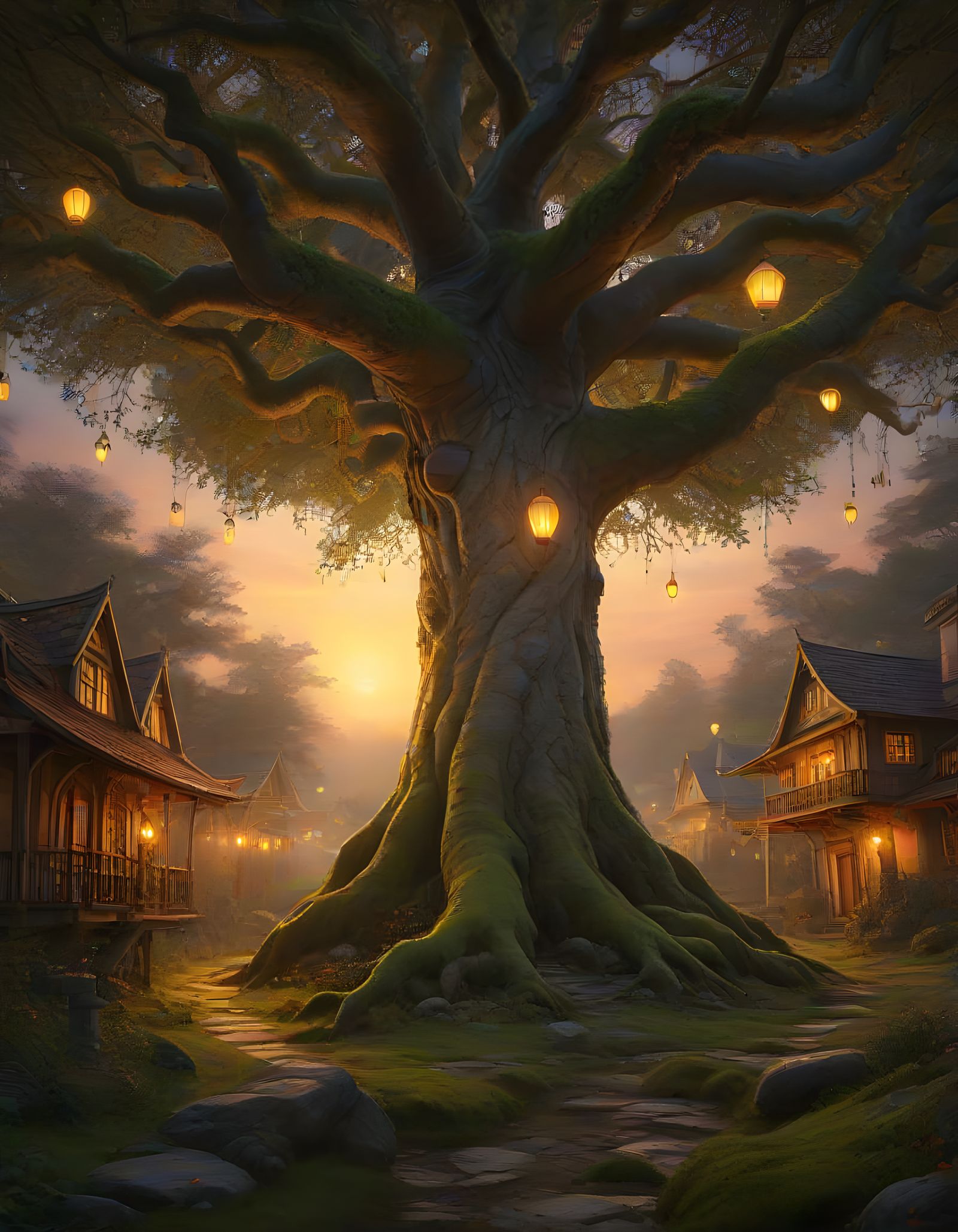 Mystical Tree Radiates Light Over Lantern-Lit Village