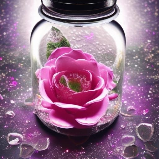 Dark Pink Rose in Glass Jar: Photorealistic Macro