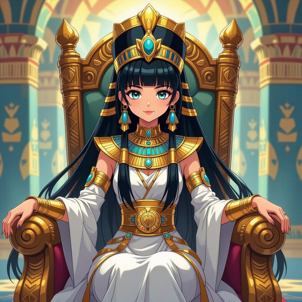 Pharaoh Girl on Throne in Anime Key Visual Style