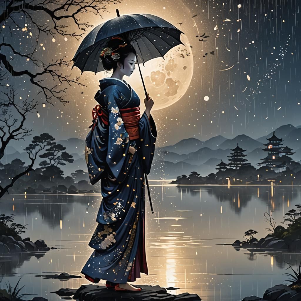 Elegant Geisha in Rain Silhouette Art