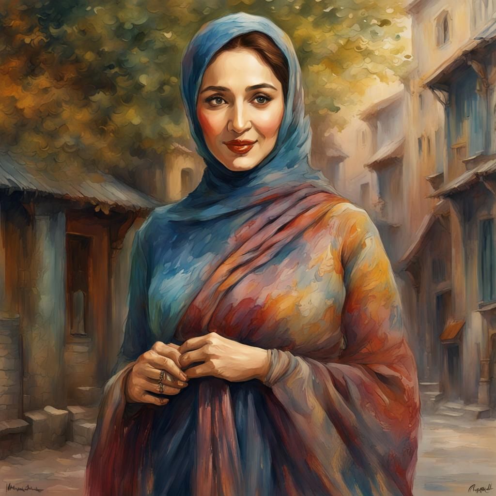 Madhuri Dixit in Hijab: Van Gogh Watercolour Style