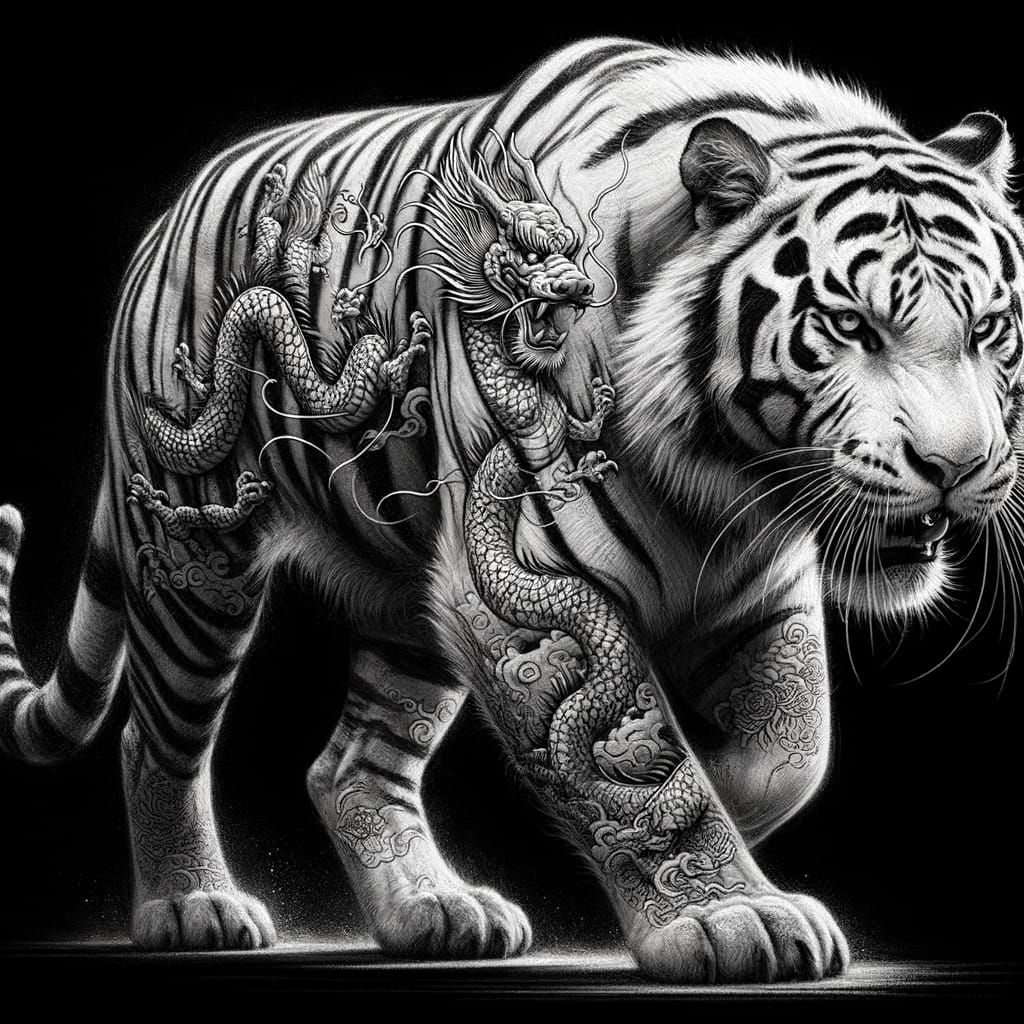 White Tiger with Dragon Tattoos in Charcoal Style