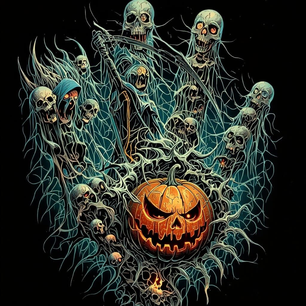 Grim Reaper Battles Spectral Figures in Eerie Digital Painti...