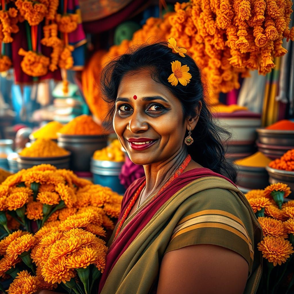 Vibrant Indian Market Scene with Marigolds in Hyperrealistic...