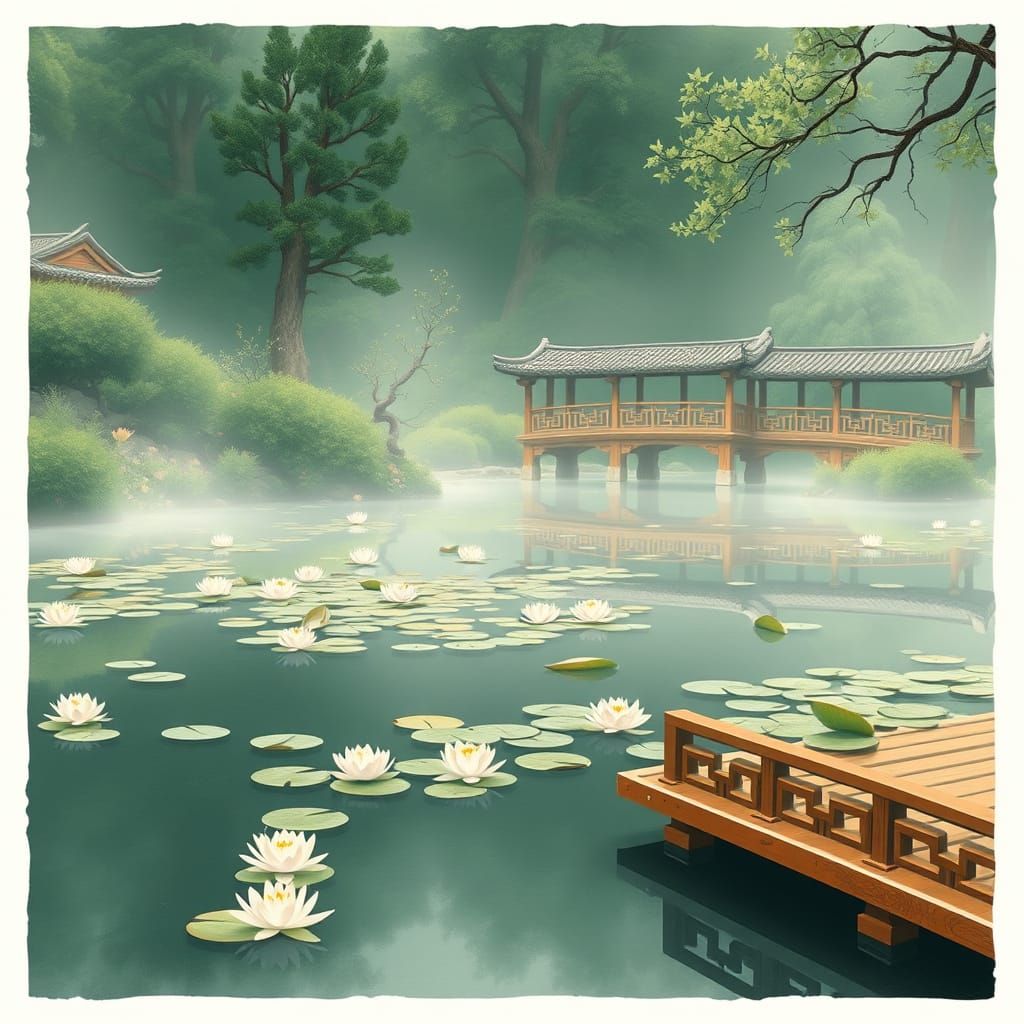 Serene Chinese Garden Scene in Minimalist Style