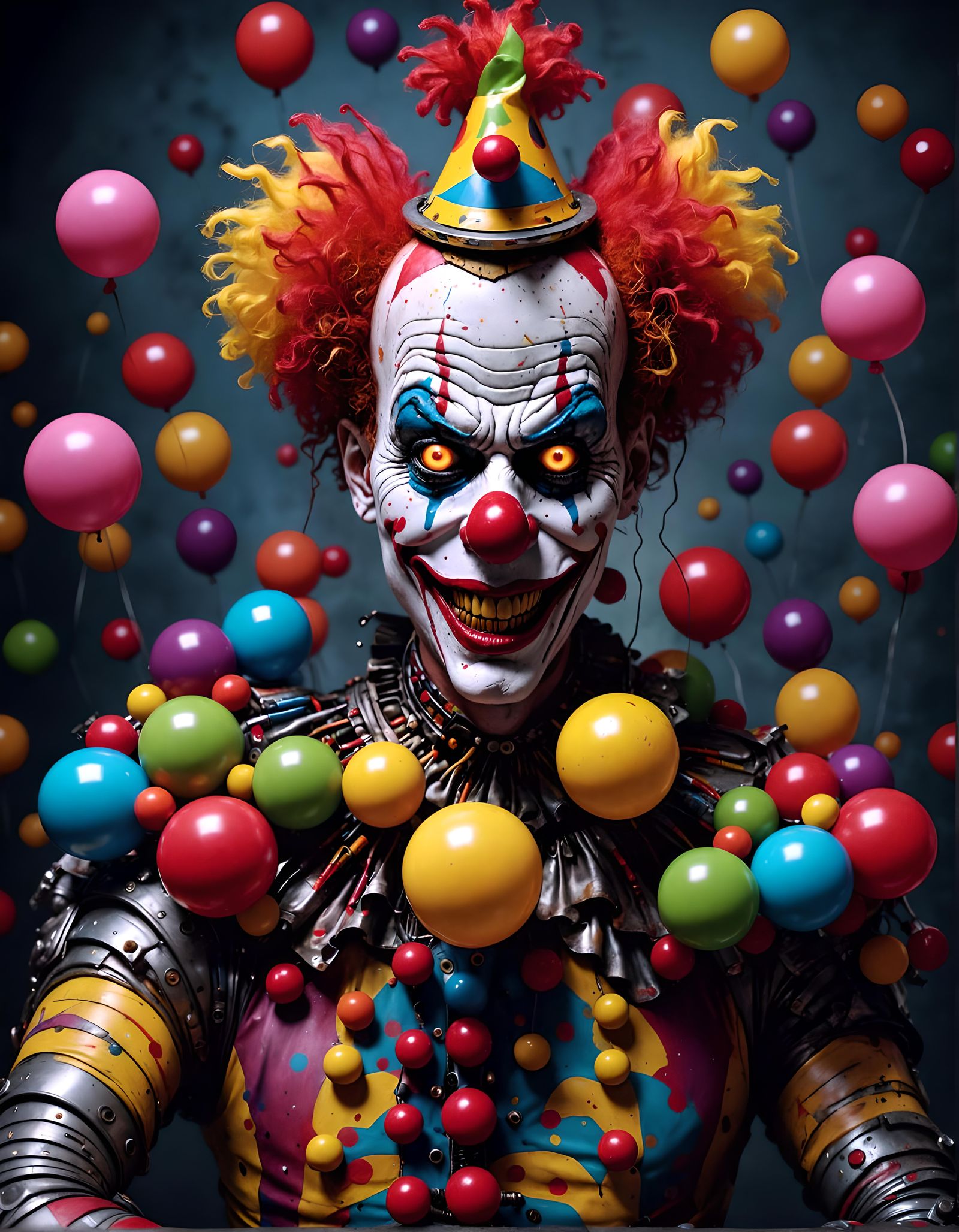Ultra-Colorful Cyborg Clown Holding Tomato Caterpillar