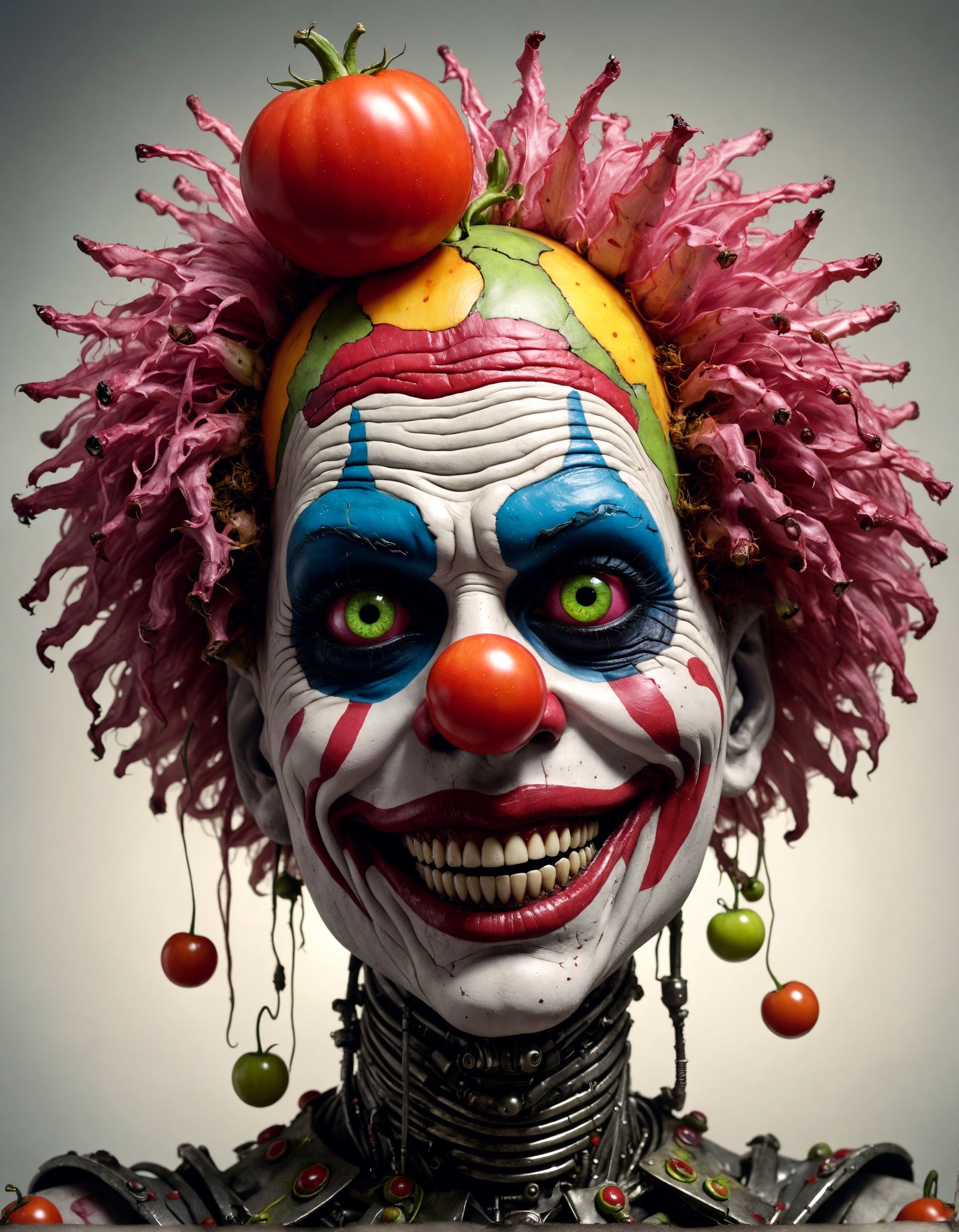 Cyborg Clown with Caterpillar in Surreal Scene