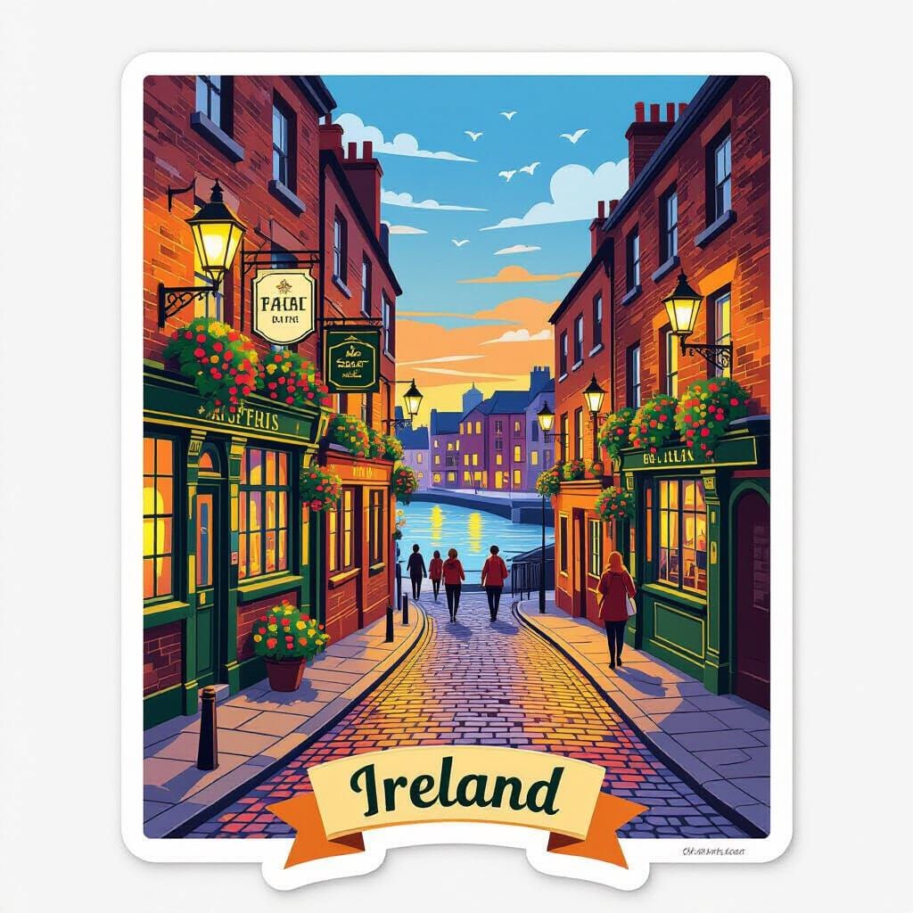 Vibrant Dublin Sticker: Irish Pubs on Cobblestone Street