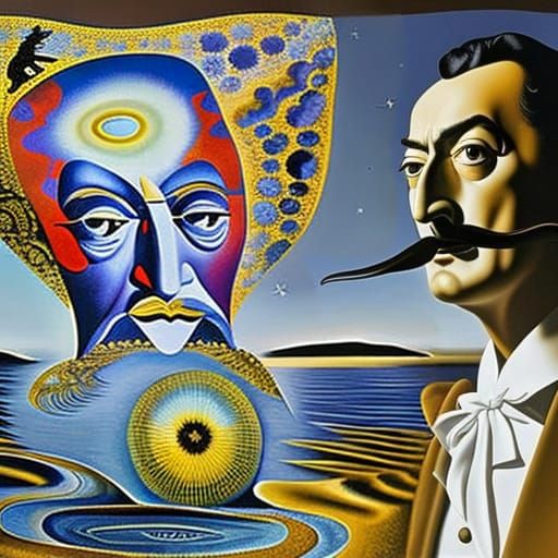 Surrealist Self-Portrait with Melting Clocks and Flying Tige...