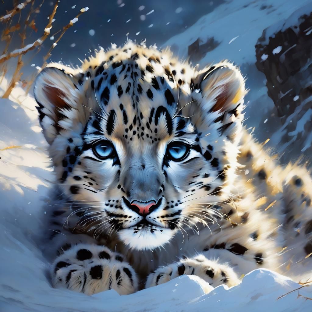 Sleeping Snow Leopard Cub: Detailed Matte Painting